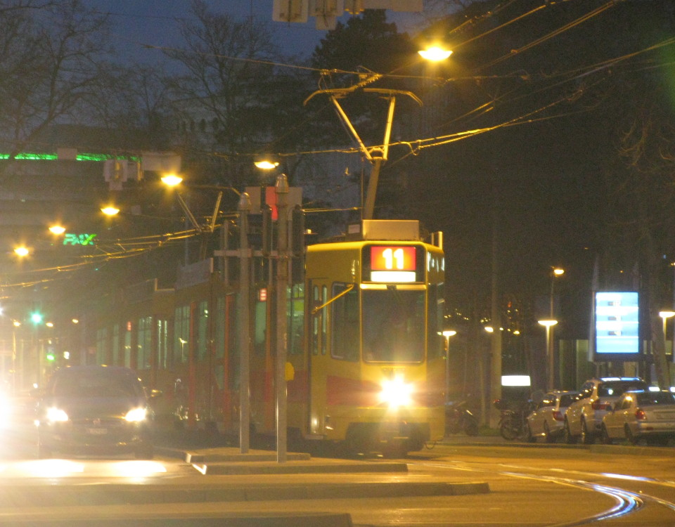 Basel BLT tram at night