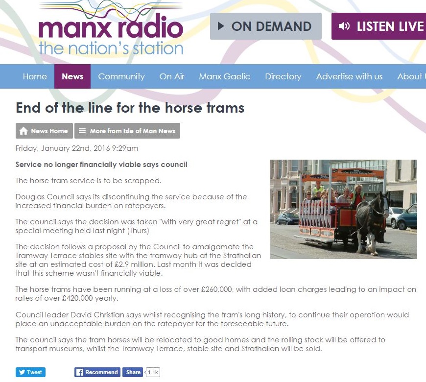 Douglas horse trams to end manx radio