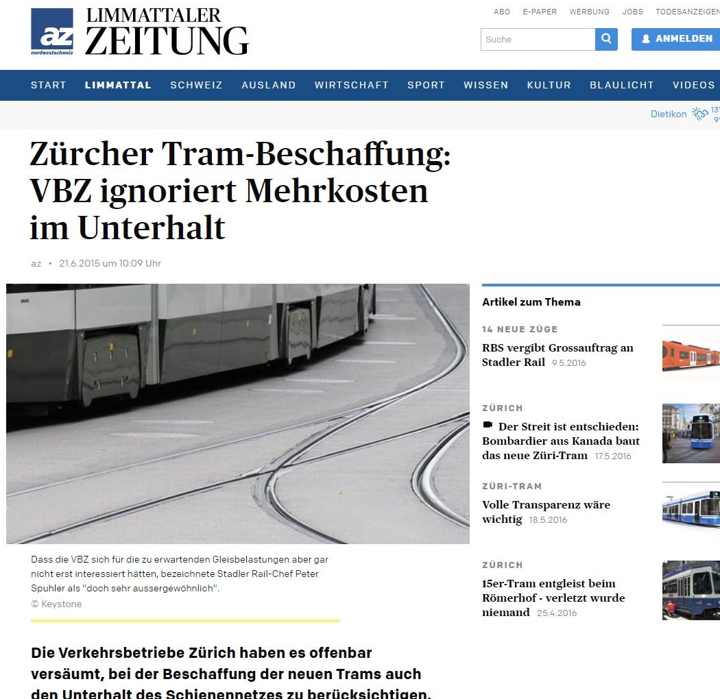 Limmataler Zeitung Zuercher Tram-Beschaffung VBZ ignoriert Mehrkosten im Unterhalt