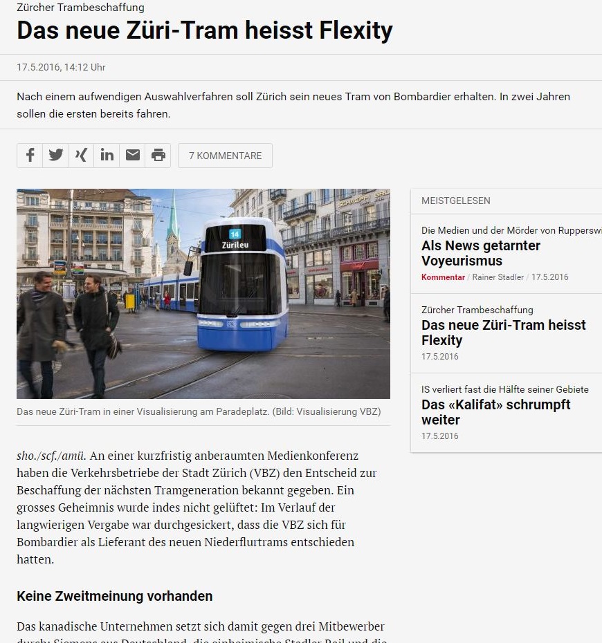 NZZ Anzeiger article on Bombardier flexity for Zurich