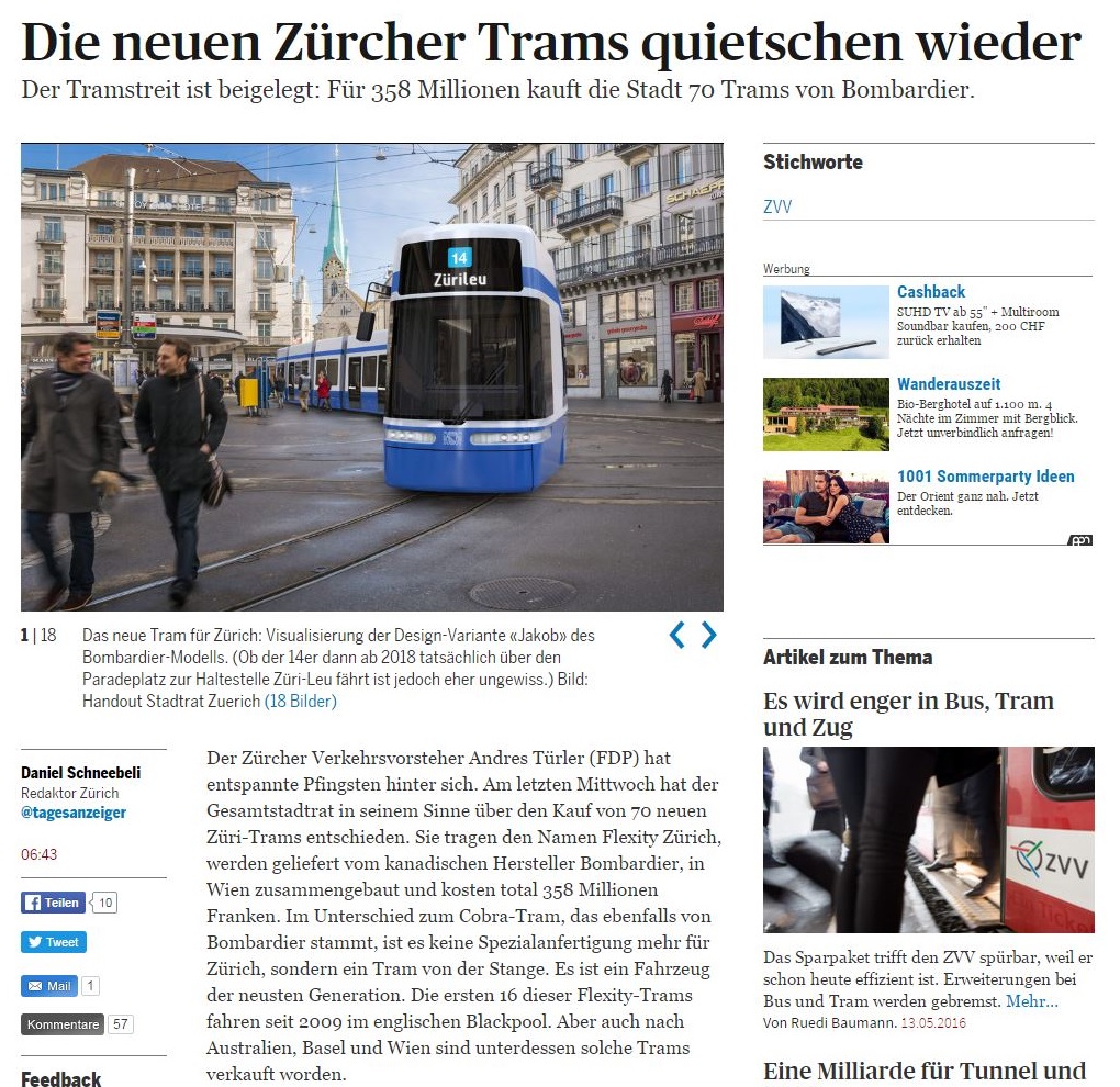 Tages Anzeiger article on Bombardier flexity for Zurich