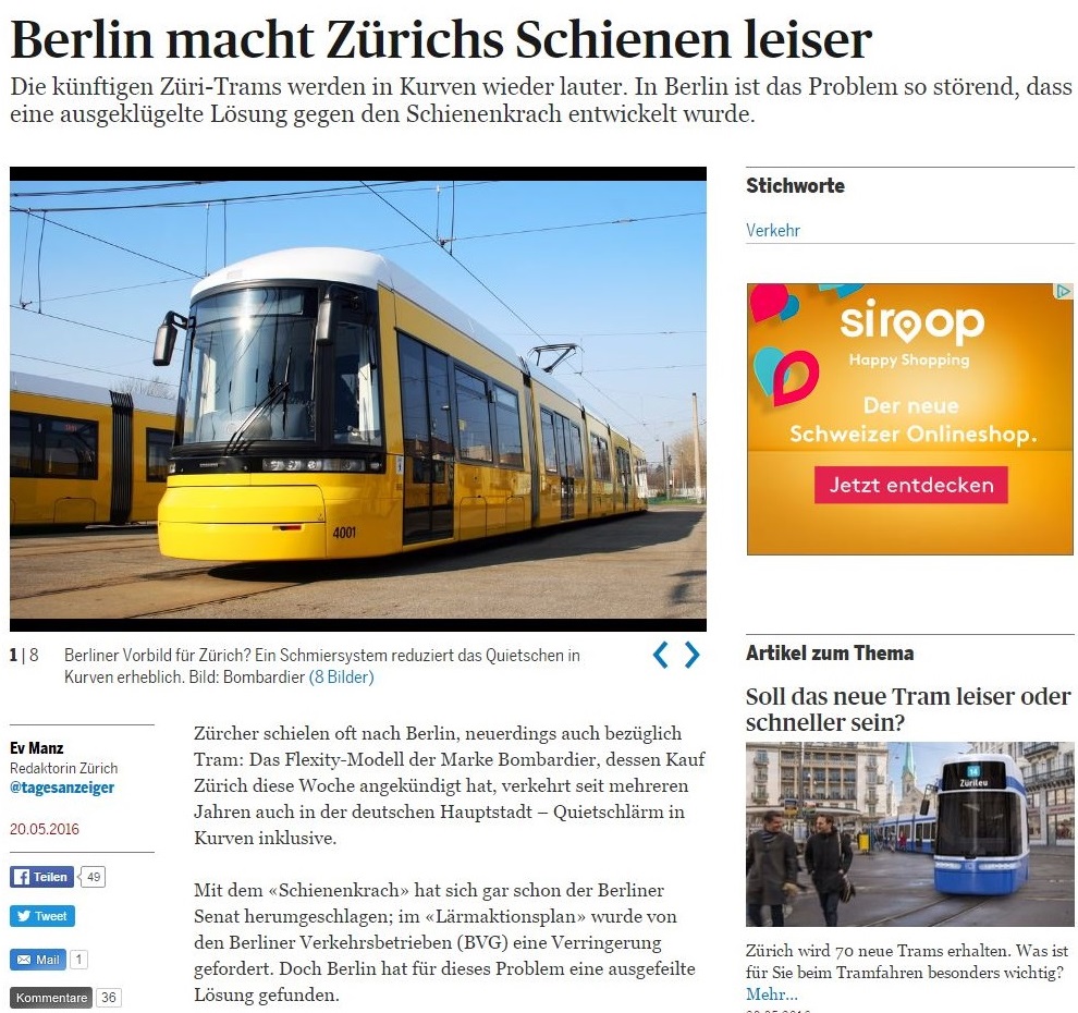 Tages Anzeiger article Berlin solution for Zurich tram squeal