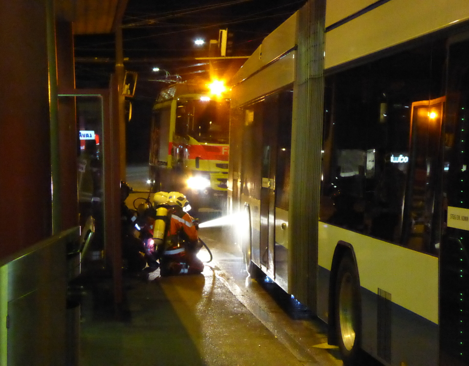 fire brigade attends to trolleybus at bucheggplatz